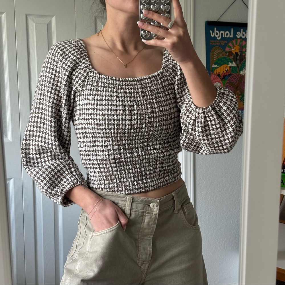 Brown & White Gingham Scrunch Top